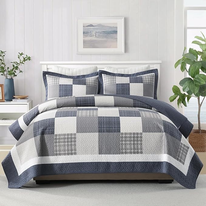 100% Cotton Quilts King Size, King Quilt Bedding Set Bedspread, Patchwork Plaid Quilt for King Bed, 3 Pieces Farmhouse Reversible Lightweight Comforter Bed Spread, Blue/Beige/White
