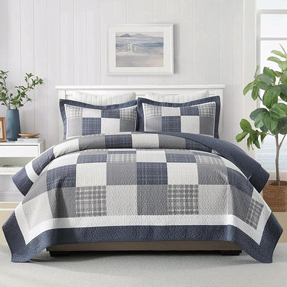 100% Cotton Quilts King Size, King Quilt Bedding Set Bedspread, Patchwork Plaid Quilt for King Bed, 3 Pieces Farmhouse Reversible Lightweight Comforter Bed Spread, Blue/Beige/White
