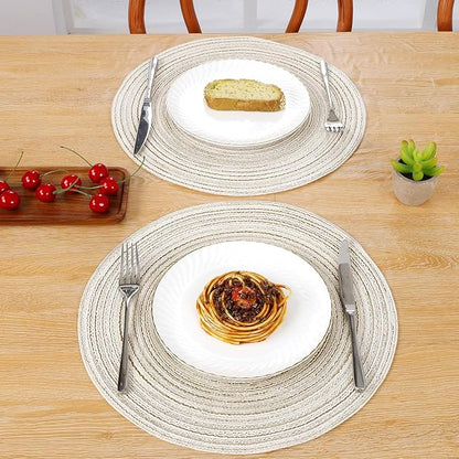 SHACOS Round Braided Placemats Set of 4 Washable Table Placemats Cotton Polyester Place Mats 15 inch Circle Table Mats for Holiday Party (Ivory, 4)