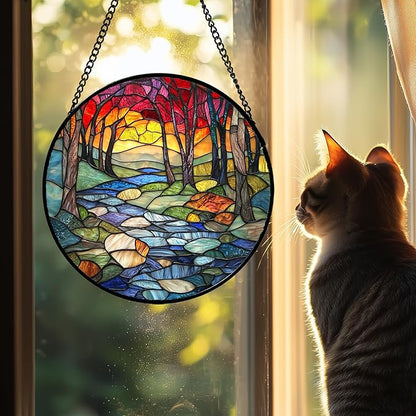Stained Glass Window Hanging, Red Tree Abstract Sunset Lake Sun Catcher for Window Home Decor Landscape Suncatcher Mother's Day Birthday Gifts for Women Men Mom and Nana 6.3 in