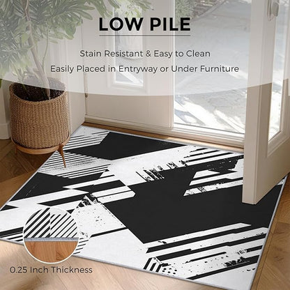 Black and White Rugs for Home Decor, 5x8 ft, Abstract Geometric Area Rugs for Living Room, Soft Non Slip Washable Modern Minimalist Carpet Bedroom Decorations Dt-Ghf-31