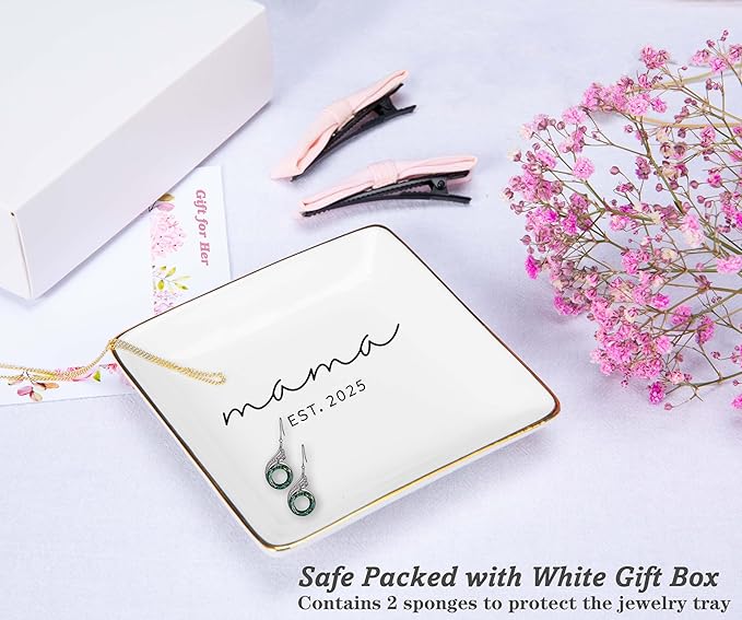 Mama 2025-Christmas Gift-Newborn New Baby,Shower Mother's Day Gifts for New Mom-First Mother's Day-First Time Mom-Mama to Be-Pregnancy Announcement Present-Jewelry Tray Trinket Holder Ring Dish