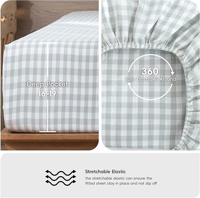 MooMee Gingham Sheet Set 100% Washed Cotton Linen Like Textured Breathable Soft w/Fully Elasticized 16-19" Deep Pocket (Classic Gingham Northern Droplet Grey, Queen)