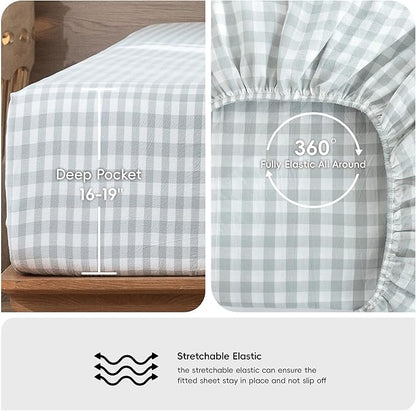 MooMee Gingham Sheet Set 100% Washed Cotton Linen Like Textured Breathable Soft w/Fully Elasticized 16-19" Deep Pocket (Classic Gingham Northern Droplet Grey, Queen)