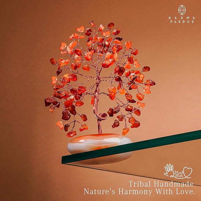 KARMAPLEDGE Crystal Tree of Life Home and Office Feng Shui Decor, Carnelian Healing Crystal Handmade Bonsai Tree for Positive Energy, Good Luck, Money, Christmas Decor, Birthday Gifts for Women, Mom
