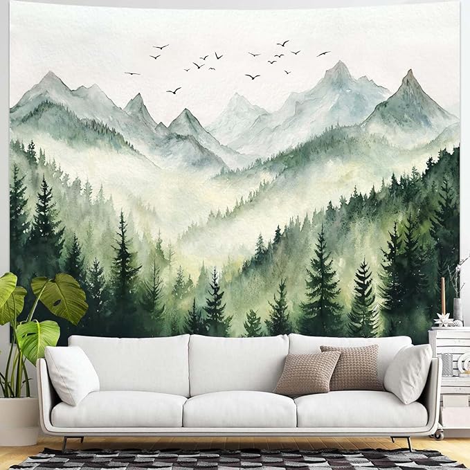 kampdream Landscape Tapestry, Scenery Art Wall Tapestries, Nature Wall Decor for Bedroom Living Room Backdrop Green Watercolor Mountain 36×48 inches