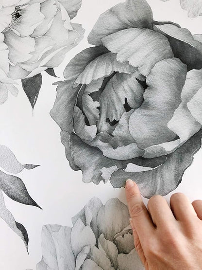 Peony Watercolor Wall Decals (Black and White Watercolor) - Flowers Decals for Wall - Botanical Bedroom Decor - Floral Peonies Grey Wall Stickers with Test Sample