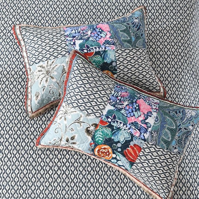 Cotton Bedspread Quilt Bedding Sets Reversible Coverlet Sets 3 Pieces Vintage Floral Blue Teal Patchwork Bedspread, Queen Size