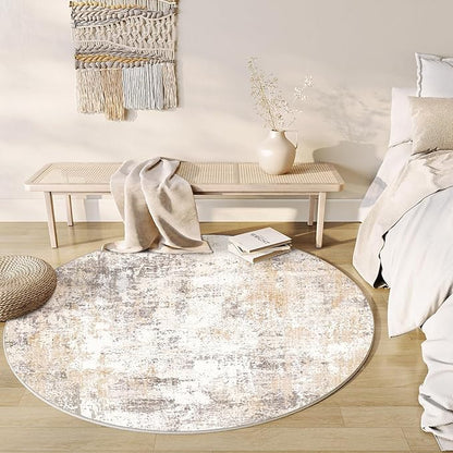 4x4 Washable Round Rug Beige Grey Abstract Entryway Area Rug Neutral Modern Non Slip Soft Low Pile Carpet for Bathroom Kitchen Living Room Bedroom Entrance