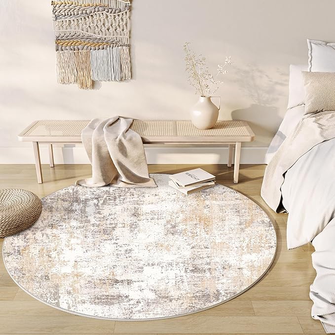 8x8 Washable Round Rug Beige Grey Abstract Living Room Bedroom Area Rug Neutral Modern Non Slip Soft Low Pile Indoor Carpet for Dining Room Office Entryway