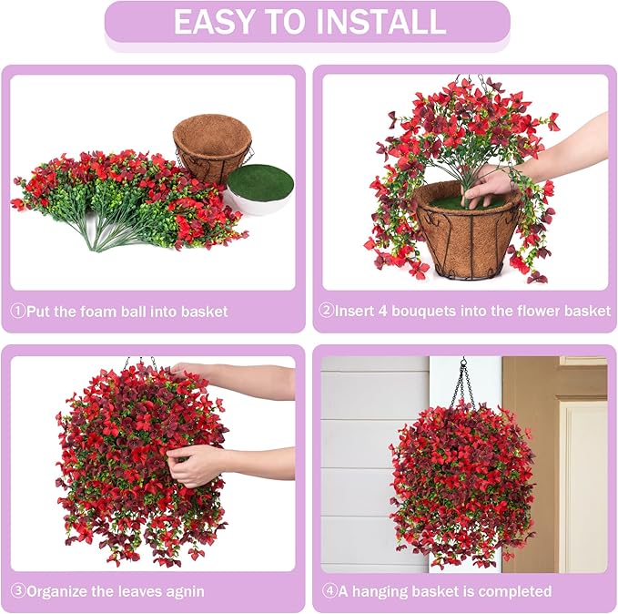 Artificial Hanging Flowers Plants with Basket for Outdoors, Realistic Faux Silk Daisy Flower Eucalyptus for Spring Decor, UV Resistant Fake Plants for Porch Patio Yard Balcony, Red Brown