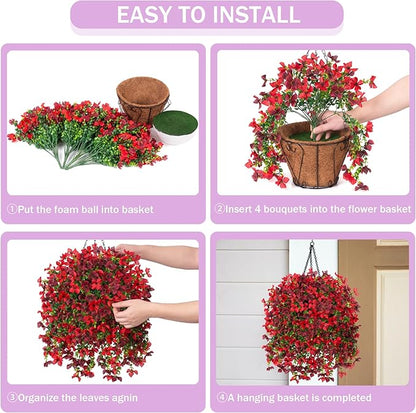 Artificial Hanging Flowers Plants with Basket for Outdoors, Realistic Faux Silk Daisy Flower Eucalyptus for Spring Decor, UV Resistant Fake Plants for Porch Patio Yard Balcony, Red Brown