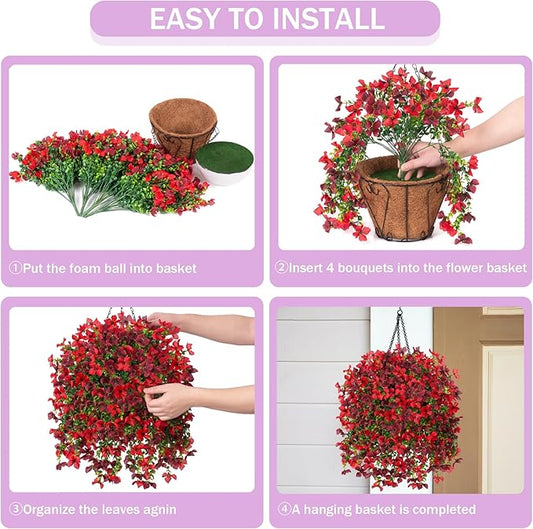 Artificial Hanging Flowers Plants with Basket for Outdoors, Realistic Faux Silk Daisy Flower Eucalyptus for Spring Decor, UV Resistant Fake Plants for Porch Patio Yard Balcony, Red Brown