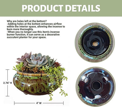 Incense Burner with Calabash Incense Stick Holder - Porcelain Charcoal Censer for Use with Resin Granular Powder Cone or Coil Incense (Fambe Green)