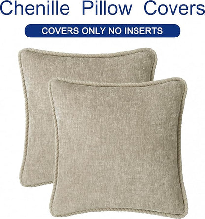 CaliTime Decorative Couch Throw Pillow Covers 18 X 18 Inches Pack of 2 Cozy Chenille Piping Edge Cushion Cases for Sofa Bed Living Room Home Light Taupe