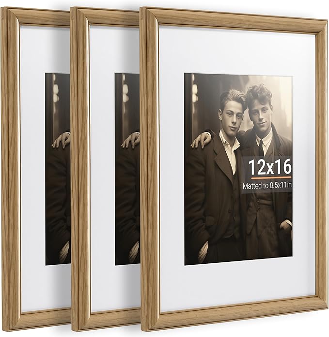 Heimlove 12x16 Picture Frame,12 x 16 Solid White Oak Photo Frame Matted to 8.5x11 with Tempered Glass,12"x16" Handcrafted wood Poster Frame,Vertical or Horizontal Wall Hanging Display,3 Pack