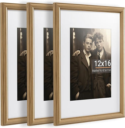 Heimlove 12x16 Picture Frame,12 x 16 Solid White Oak Photo Frame Matted to 8.5x11 with Tempered Glass,12"x16" Handcrafted wood Poster Frame,Vertical or Horizontal Wall Hanging Display,3 Pack