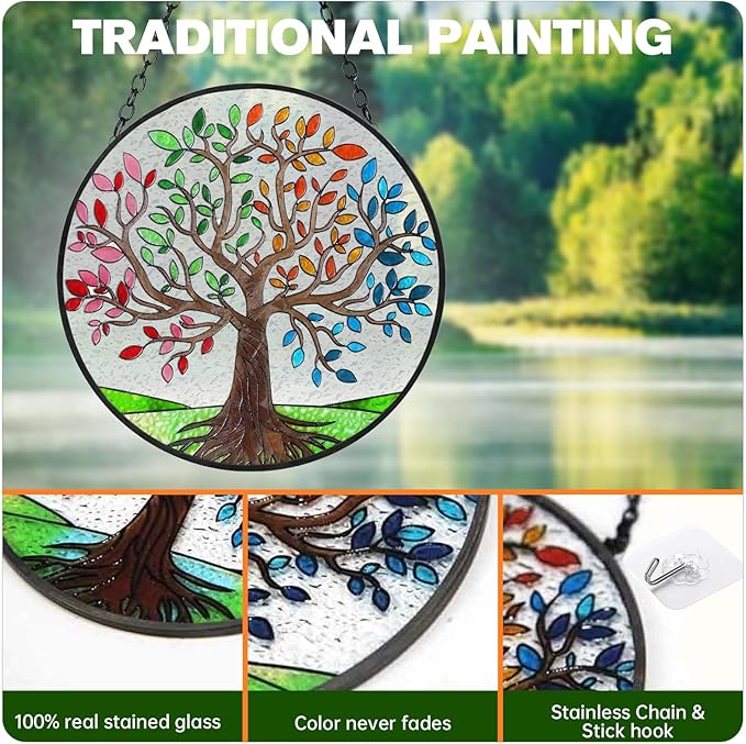 Ciarain Tree of Life Suncatchers Stained Glass Window Hangings Ornaments, 6.3''* 6.3'' Hand-Painted Vibrant Color Family Tree Sun Catcher Memorial Gifts for Women,Christmas Decor Gifts