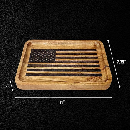 American Flag Valet Tray – Acacia Wood Catch All, EDC Tray – Every Day Carry Bedside Holder, Dump Tray EDC Organizer, Nightstand Organizer, Decorative Key Holder, 11 x 7.75 x 1 inches