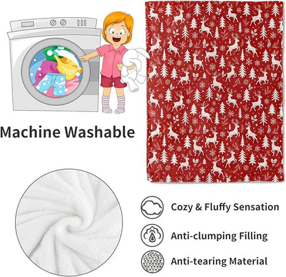 Red and White Reindeer Blanket Christmas Holiday Decor Winter Forest Xmas Throw Gifts for Adults Lightweight Soft Fleece Snowflakes Pine Tree Blankets for Bed Couch Festive Decoration 40x50in