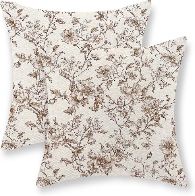 Brown Pillow Covers 20x20 Set of 2 Brown and Cream Floral Chinoiserie Throw Pillows Vintage Rustic Toile Flower Decorative Pillow Cases Outdoor Chinoiserie Decor Cushion Case for Couch Sofa