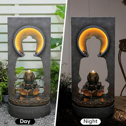 35.43" Zen Buddha Outdoor Fountain with Hollow Center — Zen Fountain Waterfall Feature for Garden, Patio & Yard — Soothing Sound, Warm LED Lights, Durable Weather-Resistant Decor