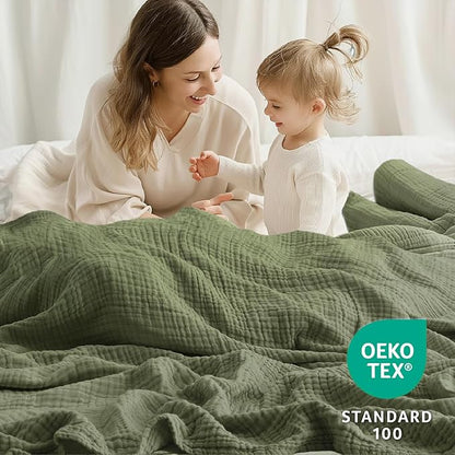 100% Cotton Muslin Blanket Twin 60" x 80", Breathable and Lightweight Cotton Twin Blankets for Couch, Soft Cooling Summer Gauze Blanket for Adults All Season, Olive Green