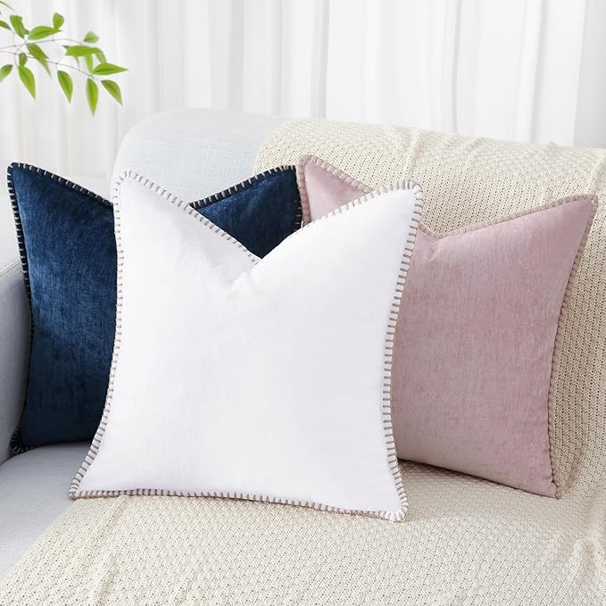 decorUhome Spring Chenille Soft Throw Pillow Covers 12x20 Set of 2, Lumbar Velvet Farmhouse Neutral Decorative Pillow Covers with Stitched Edge for Couch Sofa Bed Home Decor, White
