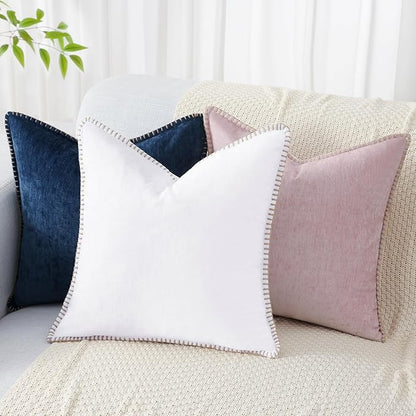 decorUhome Spring Chenille Soft Throw Pillow Covers 12x20 Set of 2, Lumbar Velvet Farmhouse Neutral Decorative Pillow Covers with Stitched Edge for Couch Sofa Bed Home Decor, White