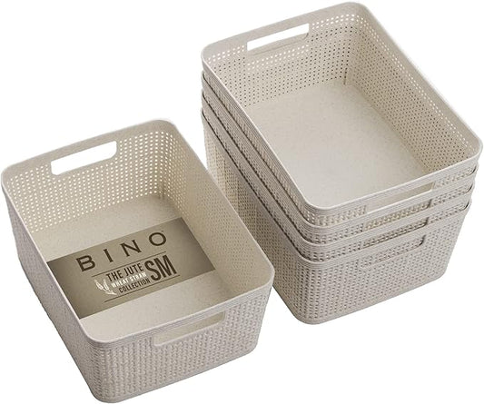 BINO | Woven Plastic Basket | Small (Natural), 5-Pack | THE JUTE COLLECTION | Home Organization, Space - Saving Storage, Stylish Design | Jute Basket | Plastic Storage Basket