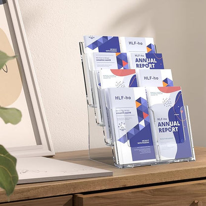 Brochure Holder 8.5x11 Inch 4 Tier with Removable Divider for 4x9 inch Clear Acrylic Pamphlet Display Stand Holder Countertop Use or Wall Mount for Office, Lobby, Hotel, Trade Show, 2 Pack