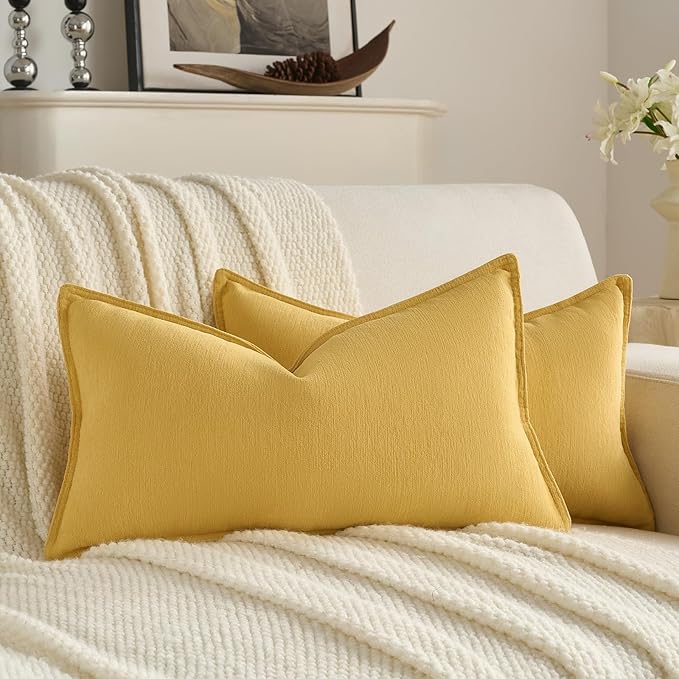 FUTEI Mustard Yellow Chenille Throw Pillow Covers 12x20 Inch Set of 2,Edges Double-Stitched Lumbar Pillow Cases,Modern Home Decor for Couch Living Room
