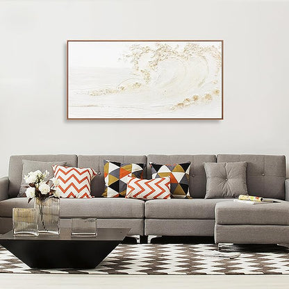 Wall Art Small Size Framed Home Artwork Decor Hand Painted White wave with golden embellishments Modern Canvas Painting For Living Room Decor For Bedroom Office Wall Decor 20"X 40"