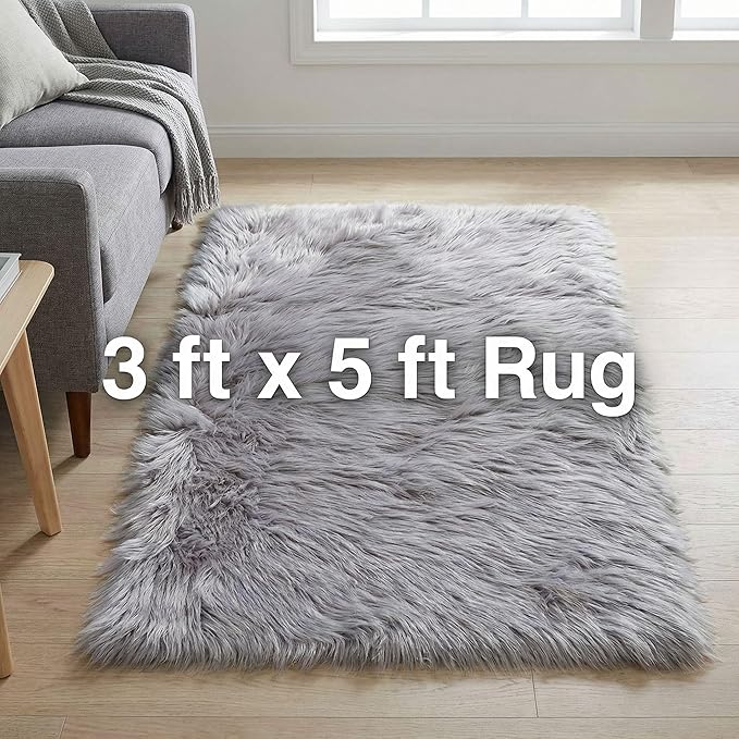 3 x 5 ft Fluffy Gray Rug – Cozy Faux Fur Rug for Bedroom, Living Room, or Nursery – Soft Faux Sheepskin Decor Accent
