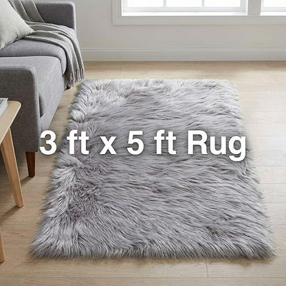 3 x 5 ft Fluffy Gray Rug – Cozy Faux Fur Rug for Bedroom, Living Room, or Nursery – Soft Faux Sheepskin Decor Accent