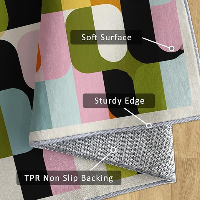 Mid Century Rug 5x7 Retro Abstract Geometric Pattern, Washable Living Room Bedroom Area Rugs, Mid Century Decor for Home, Soft Non Slip Indoor Carpet, Low Pile Design & G841