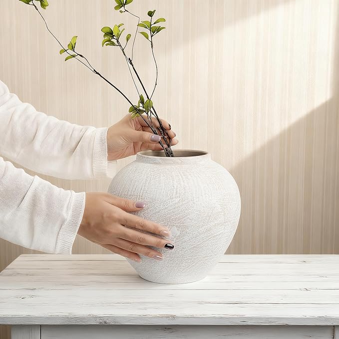 Large Ceramic Rustic Vase, 7.9 inch Minimalist Decorative Farmhouse Tall Vase for Home Decor, Living Room, Shelf Decor, Enterway, Wedding, Table Decoration, White