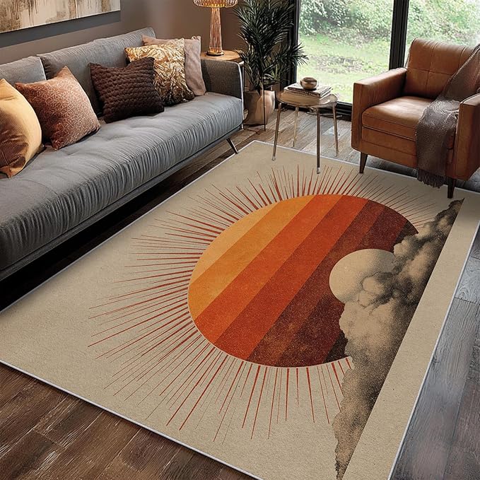 Bohemian Rug, 6x8 Area Rugs Country Ethnic Europe Sun Pattern for Living Room, Bedroom, Bohemian Home Decor Accessories Indoor Carpet, Non Slip & Machine Washable