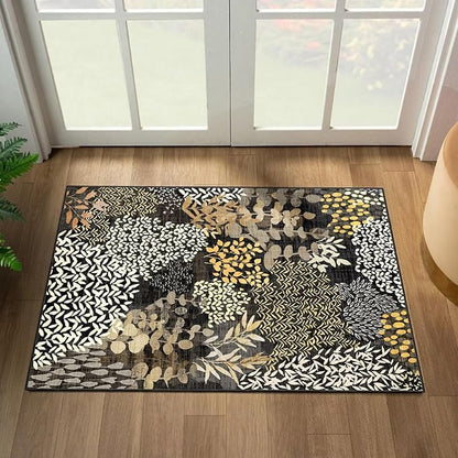 DEXDE 2x3 Area Rug, Small Boho Rugs Entryway Doormat Indoor Machine Washable Non-Slip Abstract Botanical Leaves Floral Floor Carpet for Living Room Bedroom Office Playroom, Black