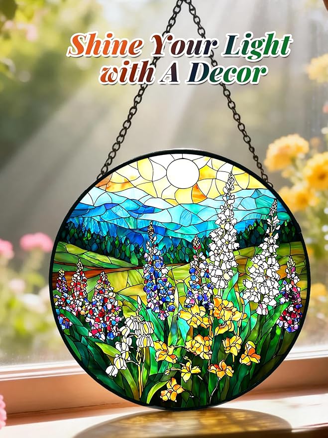 Stained Glass Window Hanging, Wildflowers Plant Scenery Suncatcher for Door Home Decor,Valley Sunrise Sun Catcher Ornament Mother's Day Birthday Gifts for Women Men Mom 7.8 in