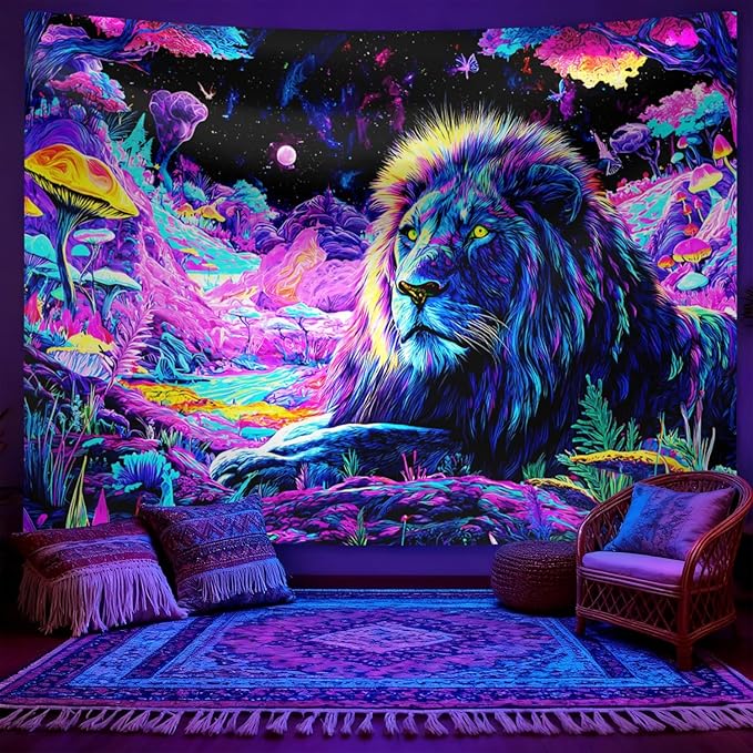 seewan Black Light Lion Tapestry, Colorful Abstract Beast Art Tapestry, Glow-in-the-Dark UV-Reactive Black Light Standing Tapestry, Starry Sky Wall Hanging, Bedroom Dorm Living Room Background Decor