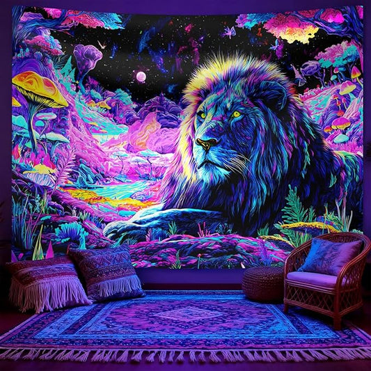 seewan Black Light Lion Tapestry, Colorful Abstract Beast Art Tapestry, Glow-in-the-Dark UV-Reactive Black Light Standing Tapestry, Starry Sky Wall Hanging, Bedroom Dorm Living Room Background Decor