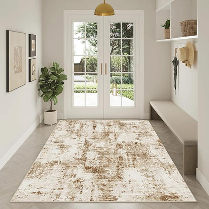 FMFUNCTEX 3x5 Washable Area Rug Brown Abstract Modern Neutral Brown Grey Non Slip Soft Low Pile Thin Accent Entryway Entrance Indoor Carpet for Living Room Bedroom Dining Office Nursery Bedside