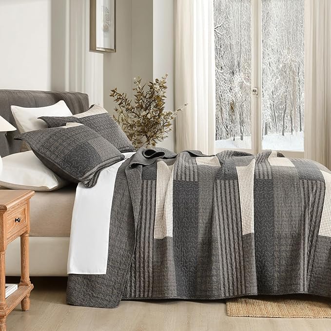 100% Cotton Quilt Set King Size - Plaid Quilted Comforter, Patchwork Striped King Quilt Bedspread, Modern Farmhouse Lightweight Bedding for King Bed, 3pcs, Charcoal/Gray/Taupe/Beige
