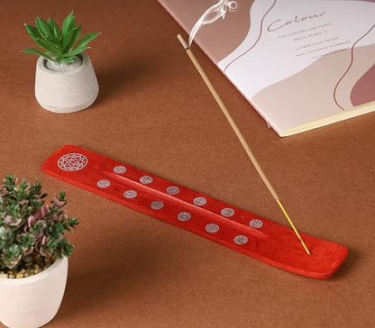 Bless-International Traditional-Handmade-Burner Wooden-Incense-Stick-Holder Ash-Catcher-Stand for-Aromatherapy-Meditation-Yoga (Fire Red) 10 Inches, Pack of 1