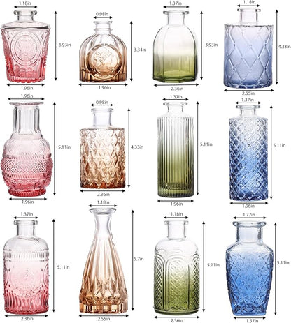 CUCUMI 12 Pack Colorful Glass Bud Vases, Small Colored Vintage Vases for Centerpieces, Decorative Flower Vases for Wedding Home Table Decor(Amber, Blue, Green, Pink)