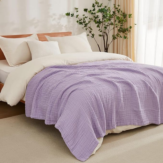 EMME Cotton Blanket Queen Size for Bed Soft Large Muslin Bed Blankets 90"x90" Lightweight Breathable All Season Gauze, Lavender
