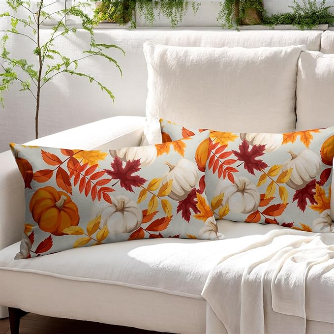 Pumpkin Fall Lumbar Pillow Covers 12x20 Set of 2 Orange Beige Autumn Thanksgiving Pillow Cases Maple Leaf Outdoor Decorative Holiday Cushion Cover Rustic Decoration Farmhouse Home Sofa Couch Bed Decor