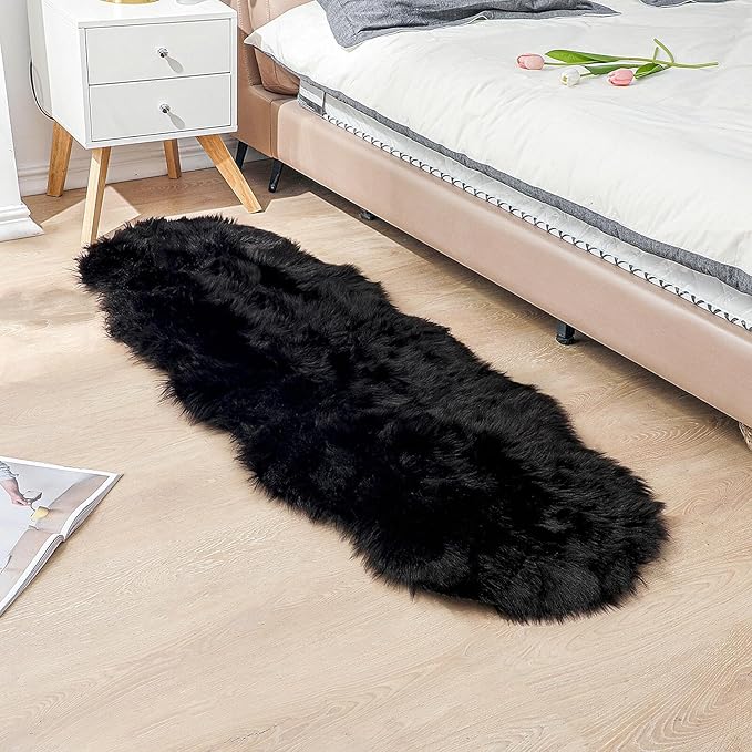Faux Fur Rug Sheepskin Shag Fluffy Fuzzy Black 2x6 ft Runner Rugs for Bedroom Bedside Bed Floor Living Room Plush High-Density Cushion Carpet Super Sofa Cover