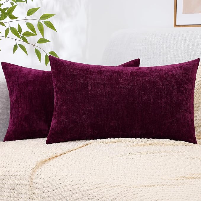 decorUhome Chenille Burgundy Spring Throw Pillow Covers 12x20 Inch Set of 2, Decorative Soft Couch Pillow Covers Solid Dyed Accent Farmhouse Neutral Rectangle Pillow Cases for Sofa